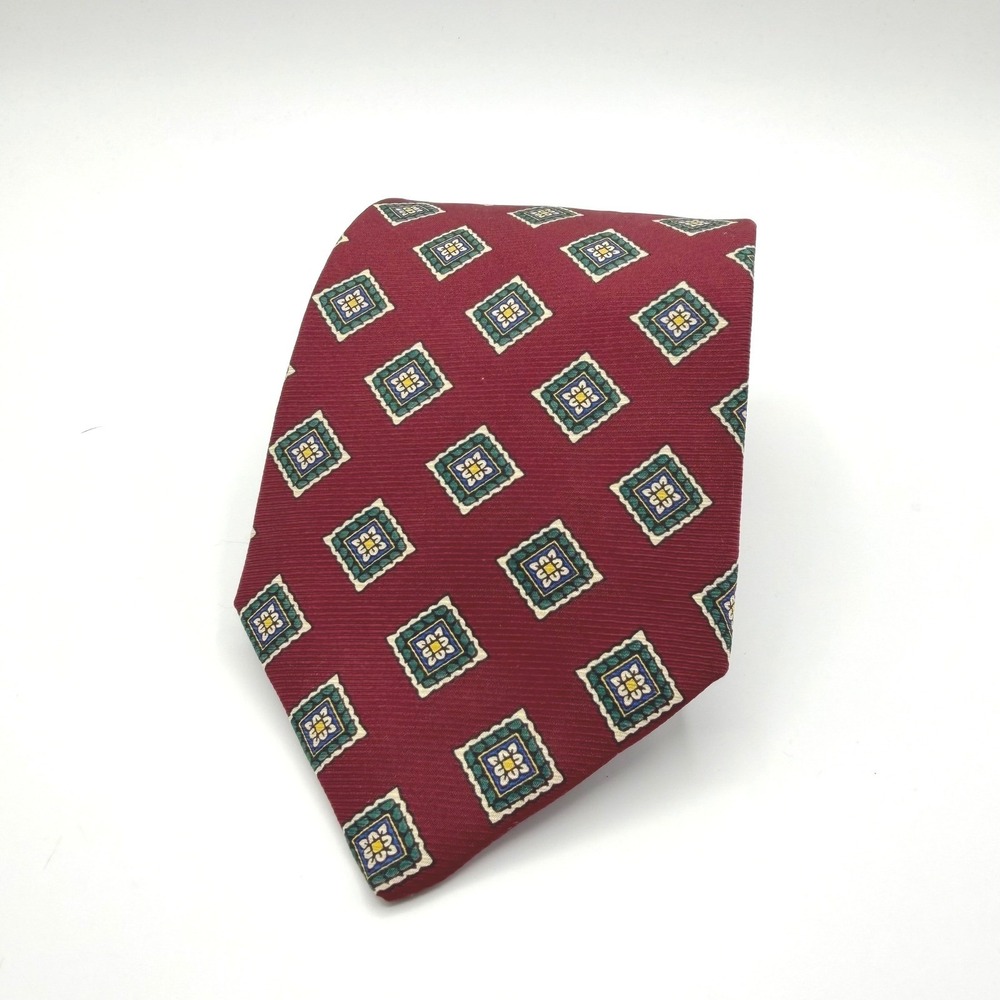 Brooks Brothers Necktie Mens 61" Burgundy Geometric Medallion Silk Hand Made USA